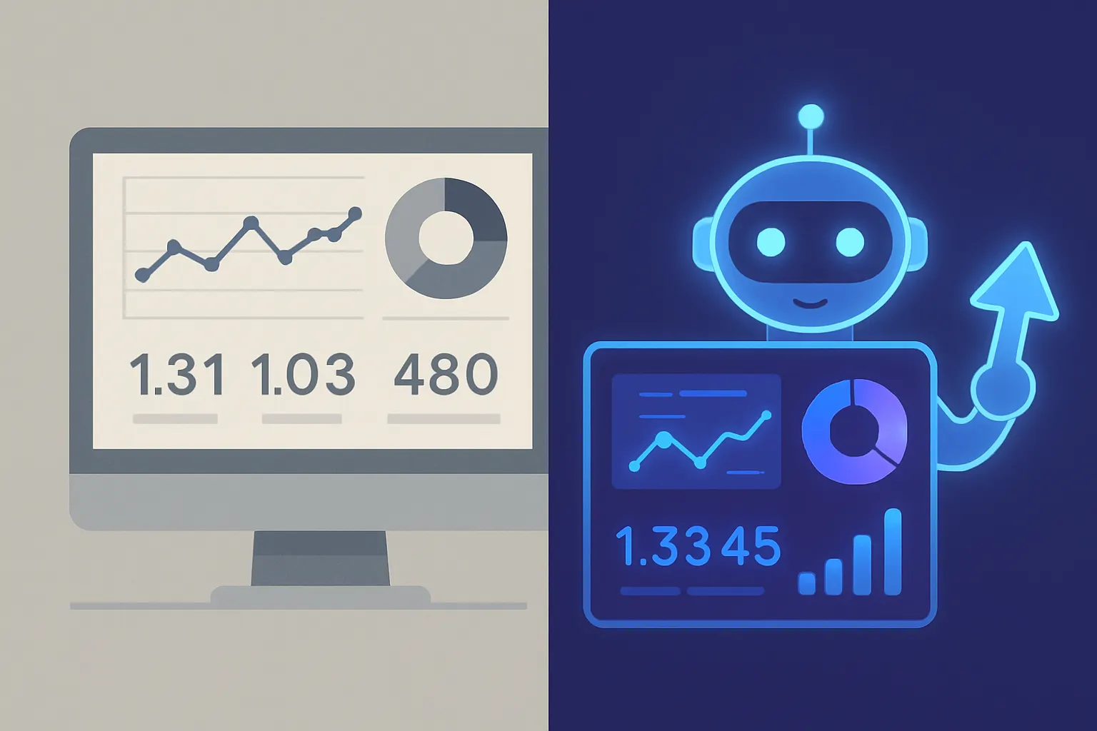 Illustration comparant un dashboard SEO classique et un agent IA qui analyse et agit sur les mêmes données