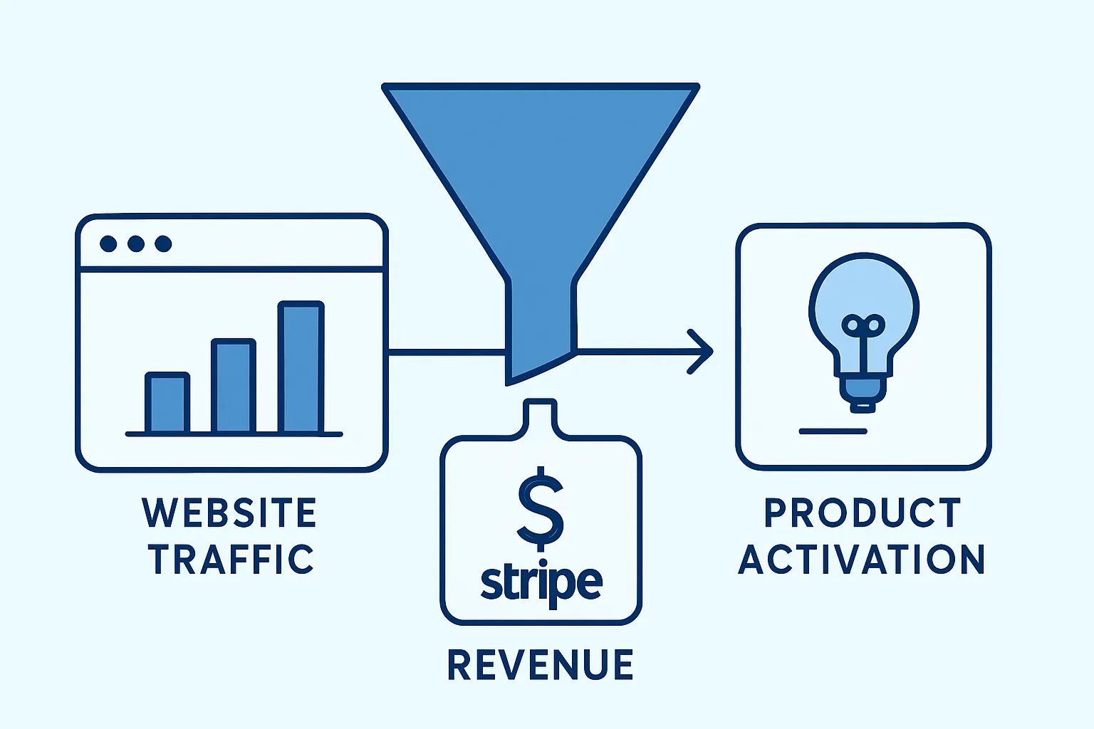 Illustration d'un tunnel de conversion reliant trafic SEO, activation produit et revenus, symbolisant le suivi du pipeline généré par le SEO pour un SaaS