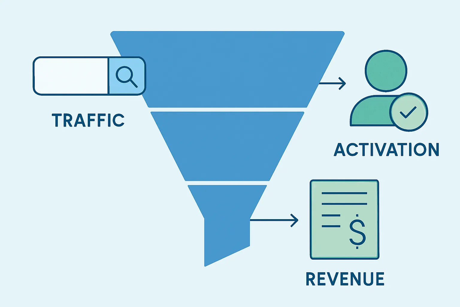 Schéma illustrant le pipeline SEO complet : trafic qualifié, activation post-clic et revenus générés, les trois étapes à relier pour mesurer l'impact business du SEO