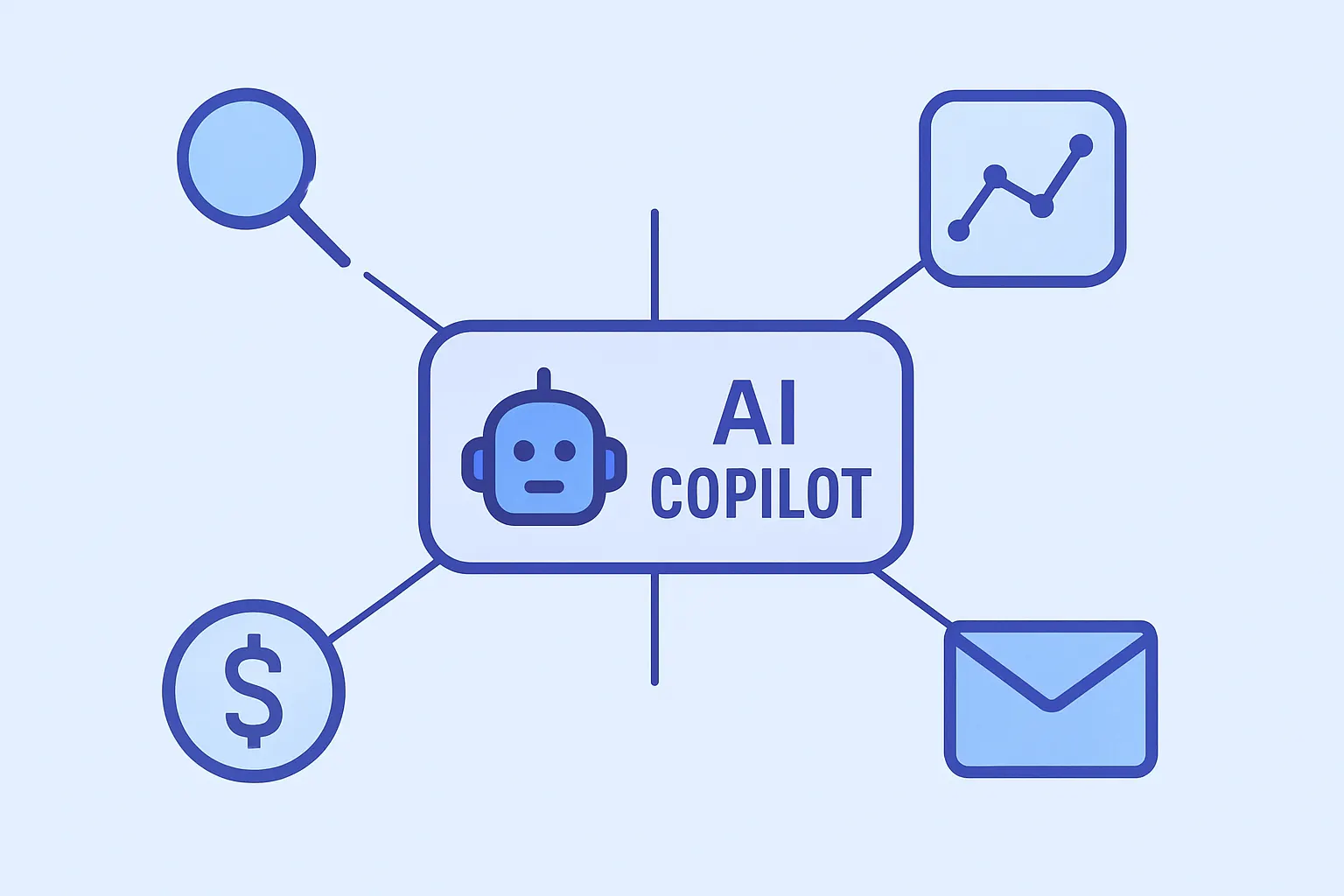 Illustration d'un copilote analytique IA centralisant les données SEO, produit, revenus et email d'un SaaS habituellement dispersées entre plusieurs outils