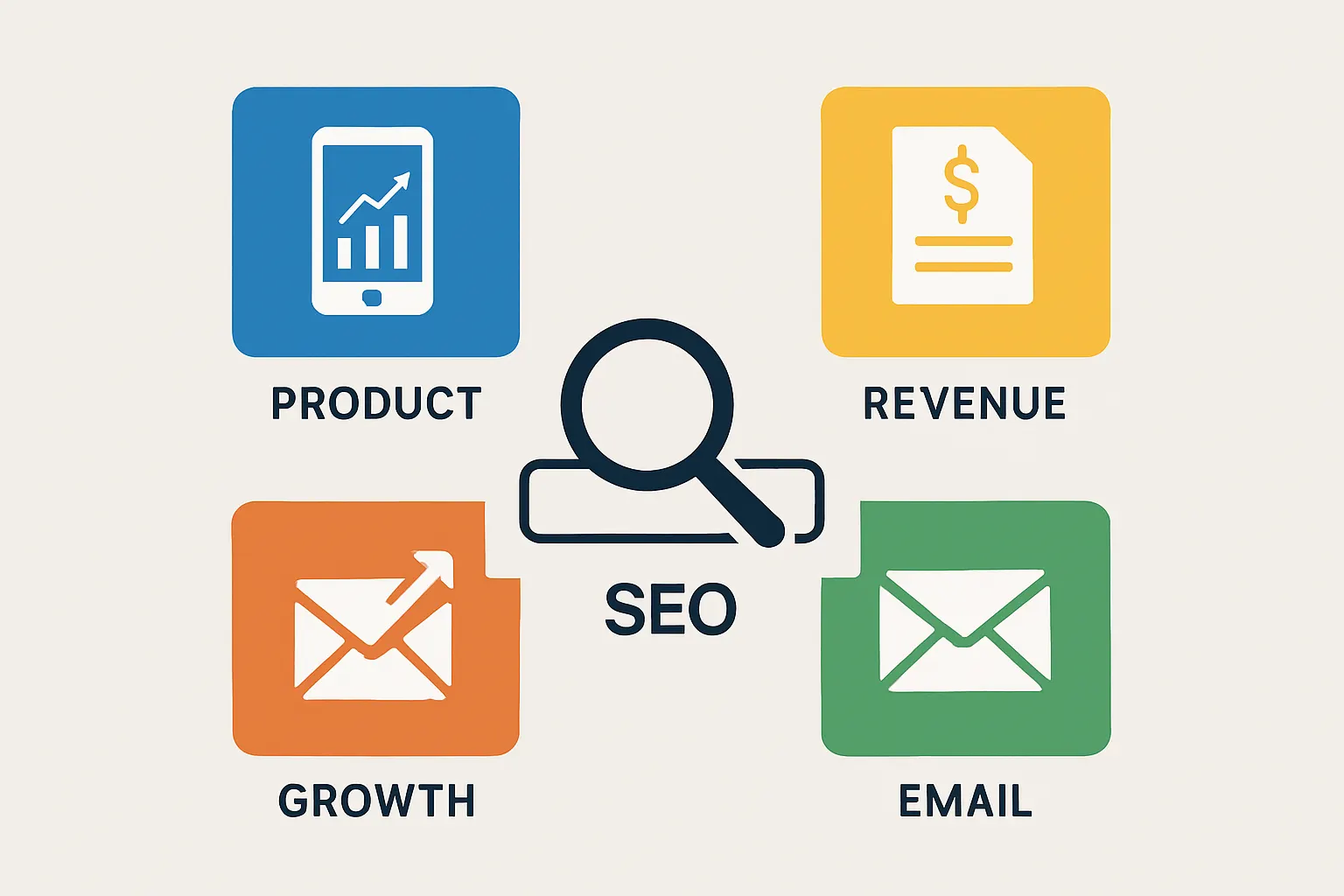 Schéma des quatre familles de données à croiser pour piloter un SaaS : SEO et trafic, produit, revenus, email et growth