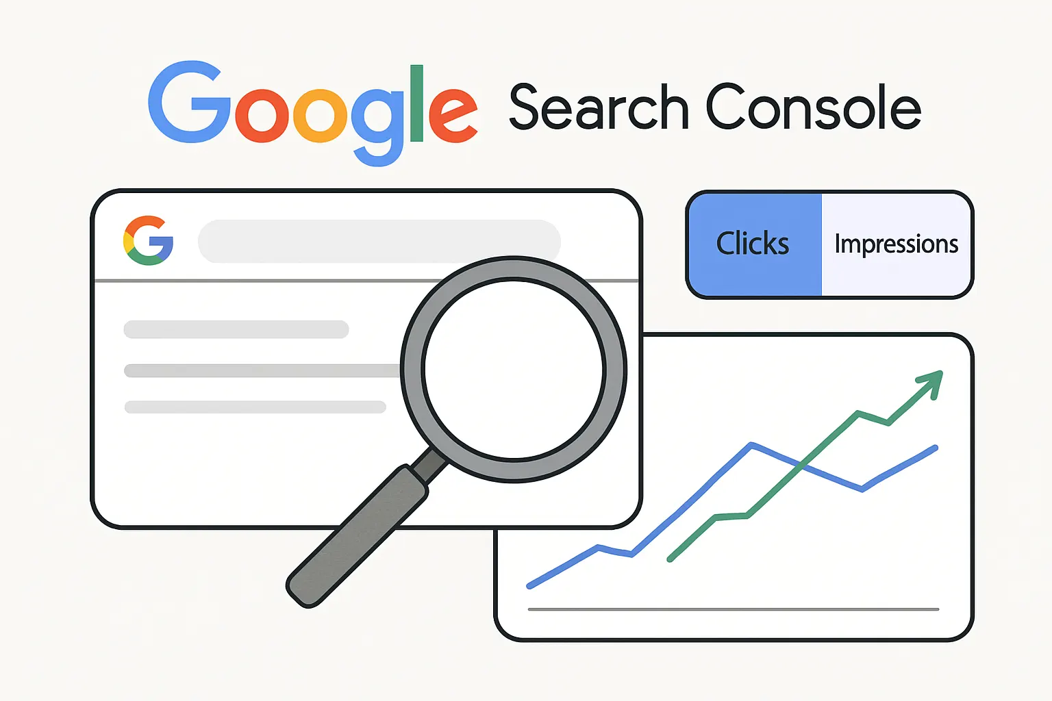 Illustration de Google Search Console, l'outil gratuit officiel pour suivre la performance SEO d'un site avec clics, impressions et positions
