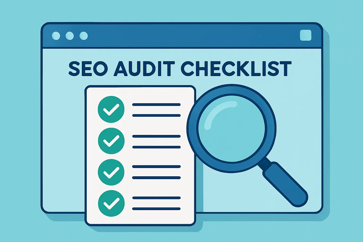 Illustration d'une checklist SEO avec loupe symbolisant le diagnostic de référencement d'un site web