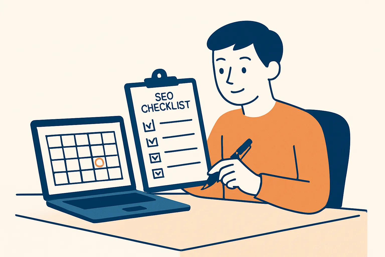 Freelance cochant sa checklist SEO mensuelle sur une tablette à côté d'un ordinateur portable