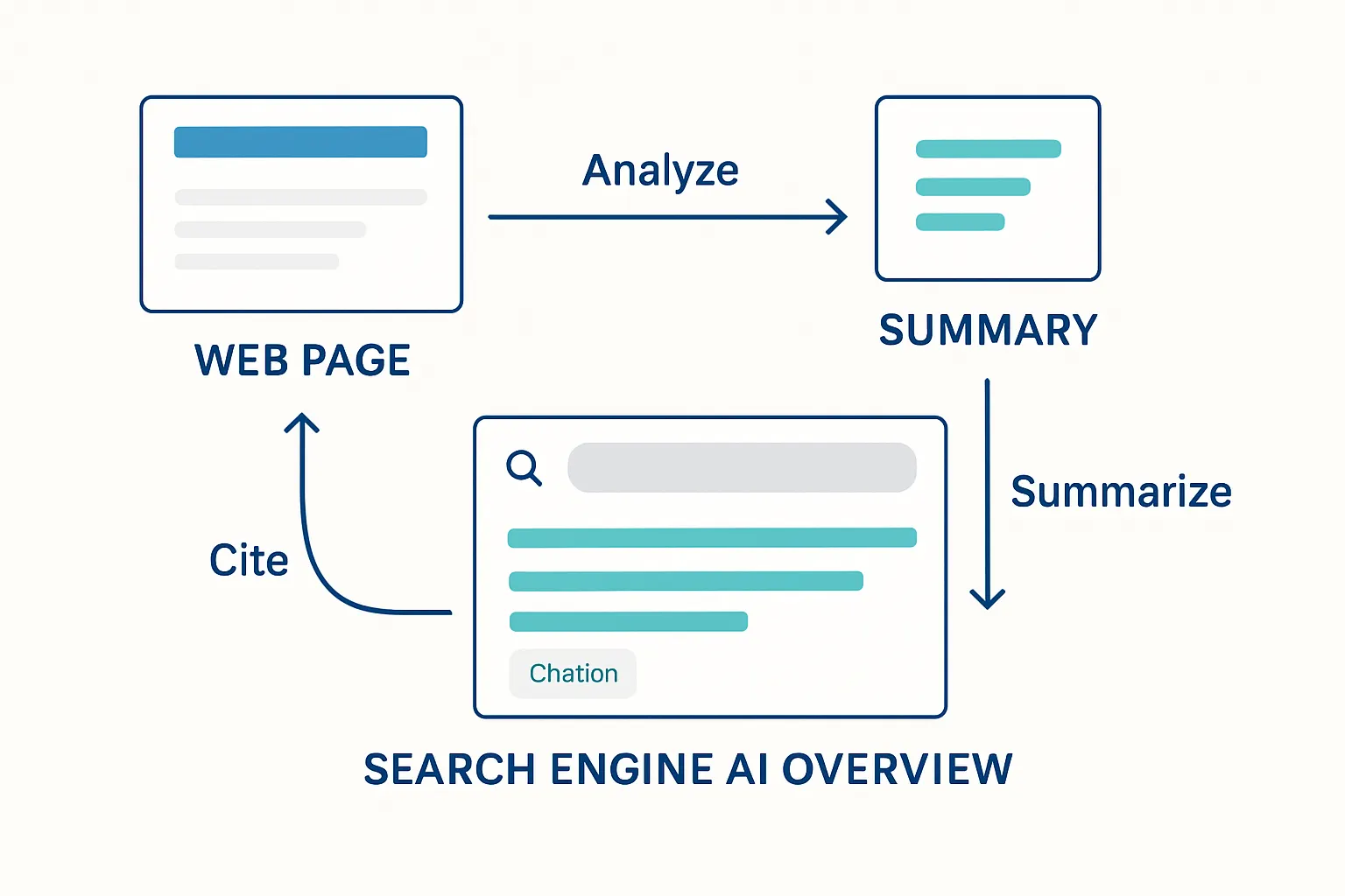 Schéma du processus d'analyse et d'attribution des sources dans les Google AI Overviews