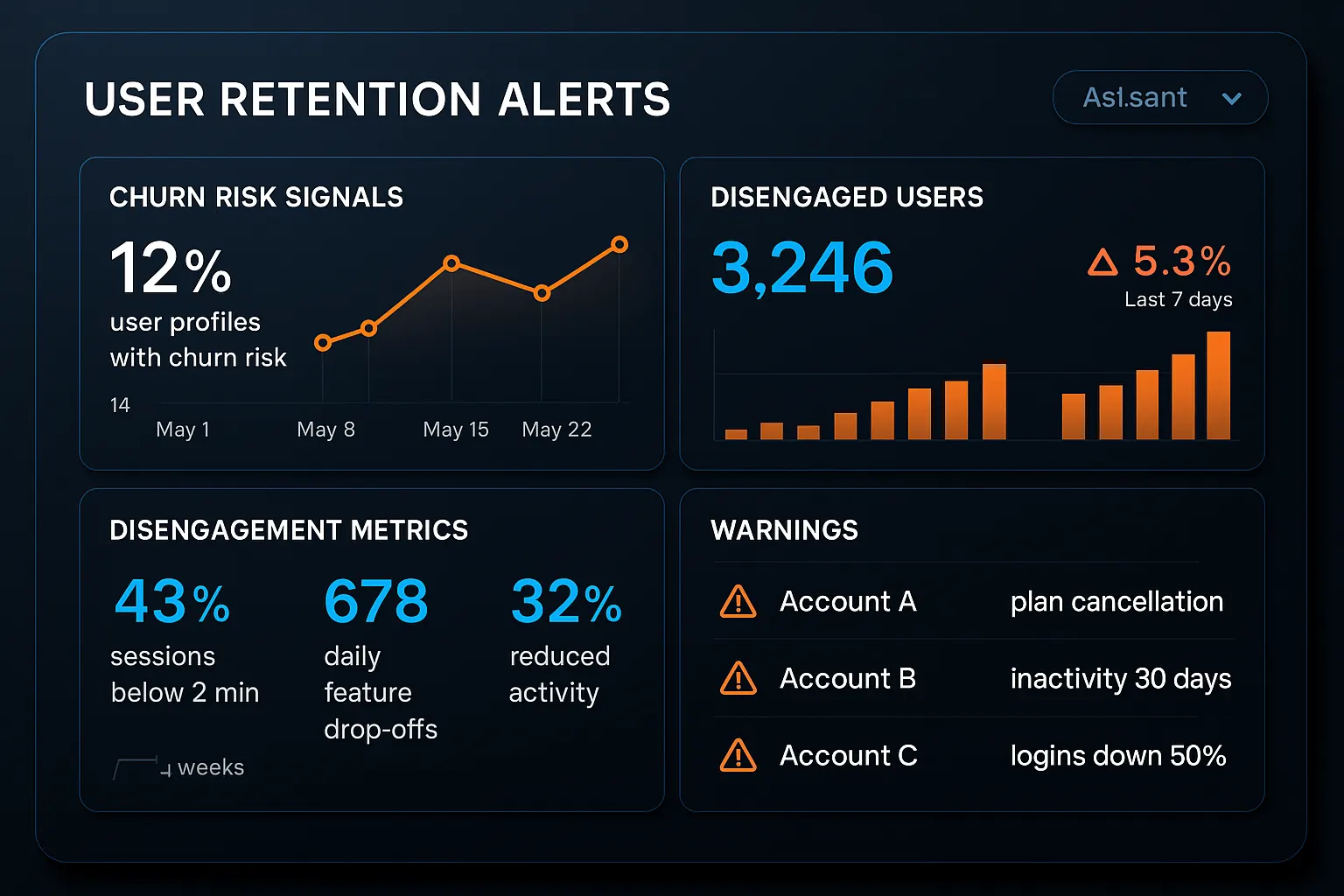 Tableau de bord analytique SaaS affichant des signaux d'alerte de churn et de désengagement utilisateur.