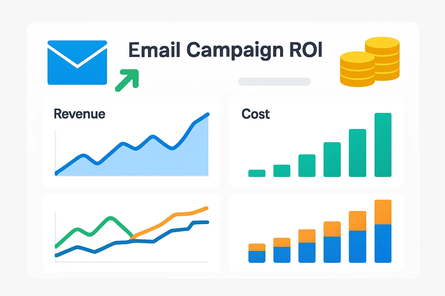 Tableau de bord analytique montrant le ROI des campagnes email avec graphiques et icônes.