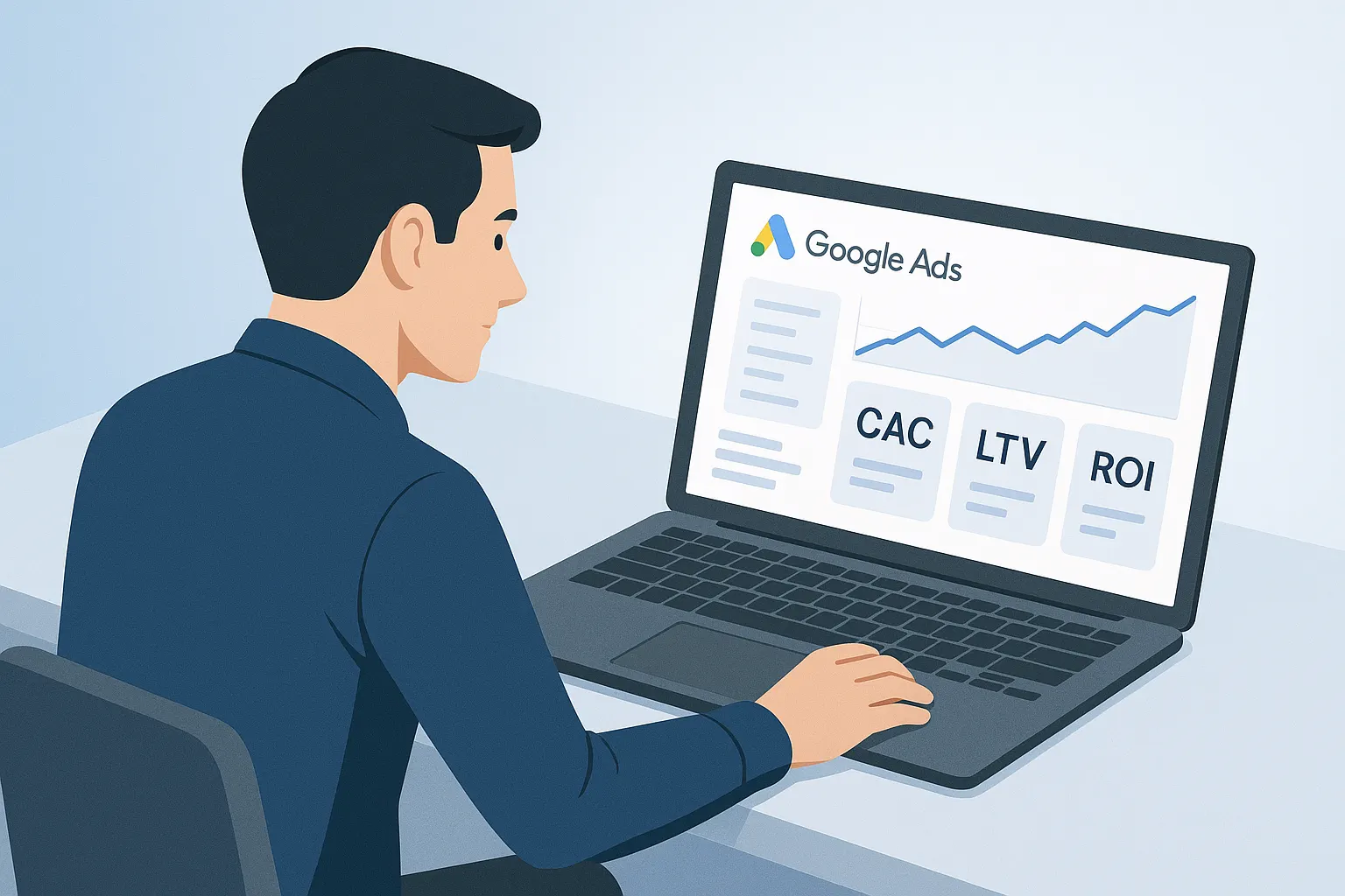 Fondateur de SaaS ou PME analysant le Coût d'Acquisition Client (CAC) et la Lifetime Value (LTV) sur Google Ads.