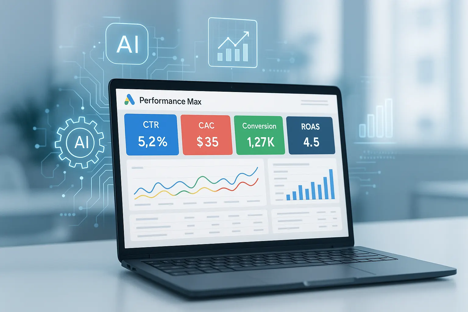 Tableau de bord Google Ads Performance Max automatisé par une IA pour optimiser les campagnes publicitaires.